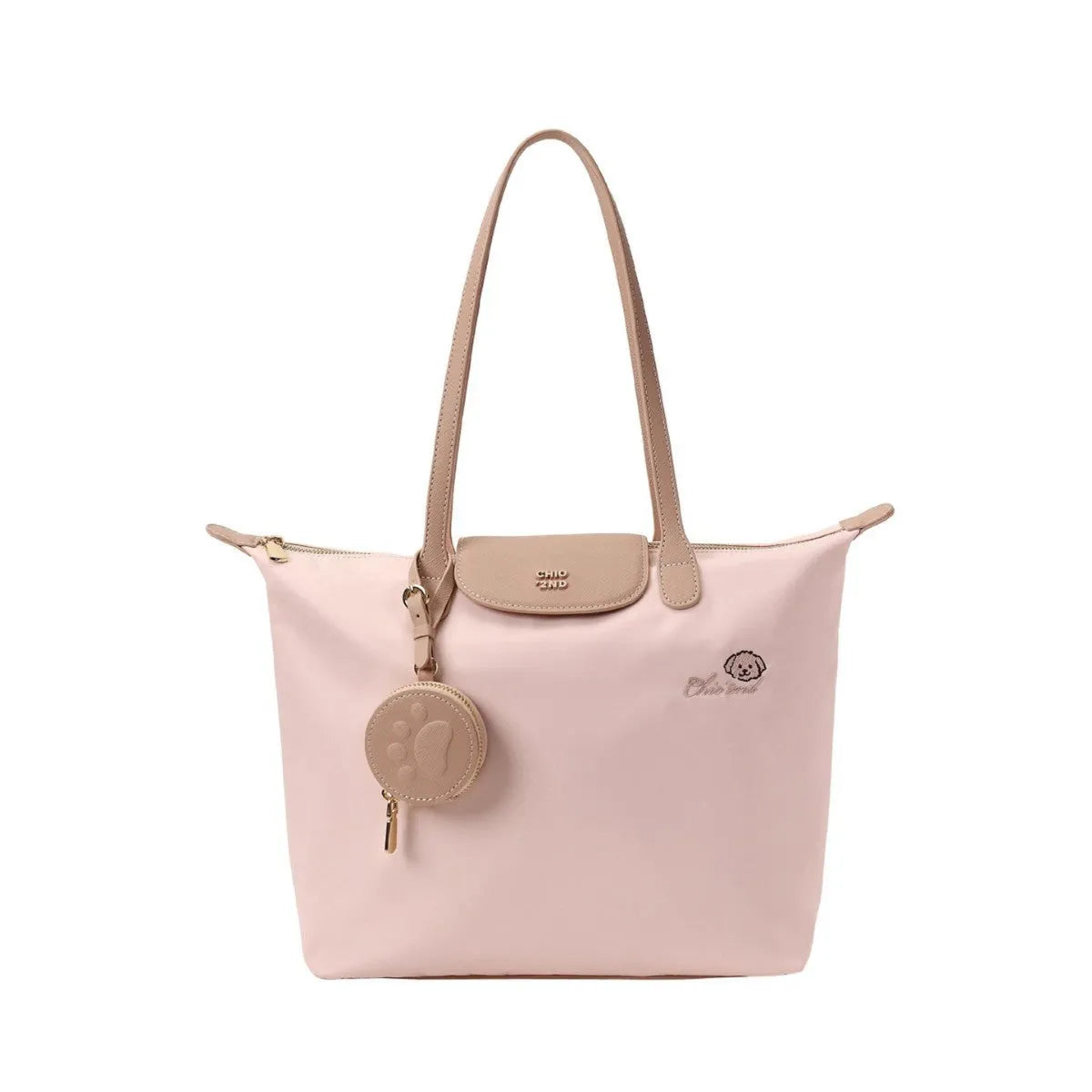 Women's large beige tote shoulder bag with external pockets and a horizontal square shape.