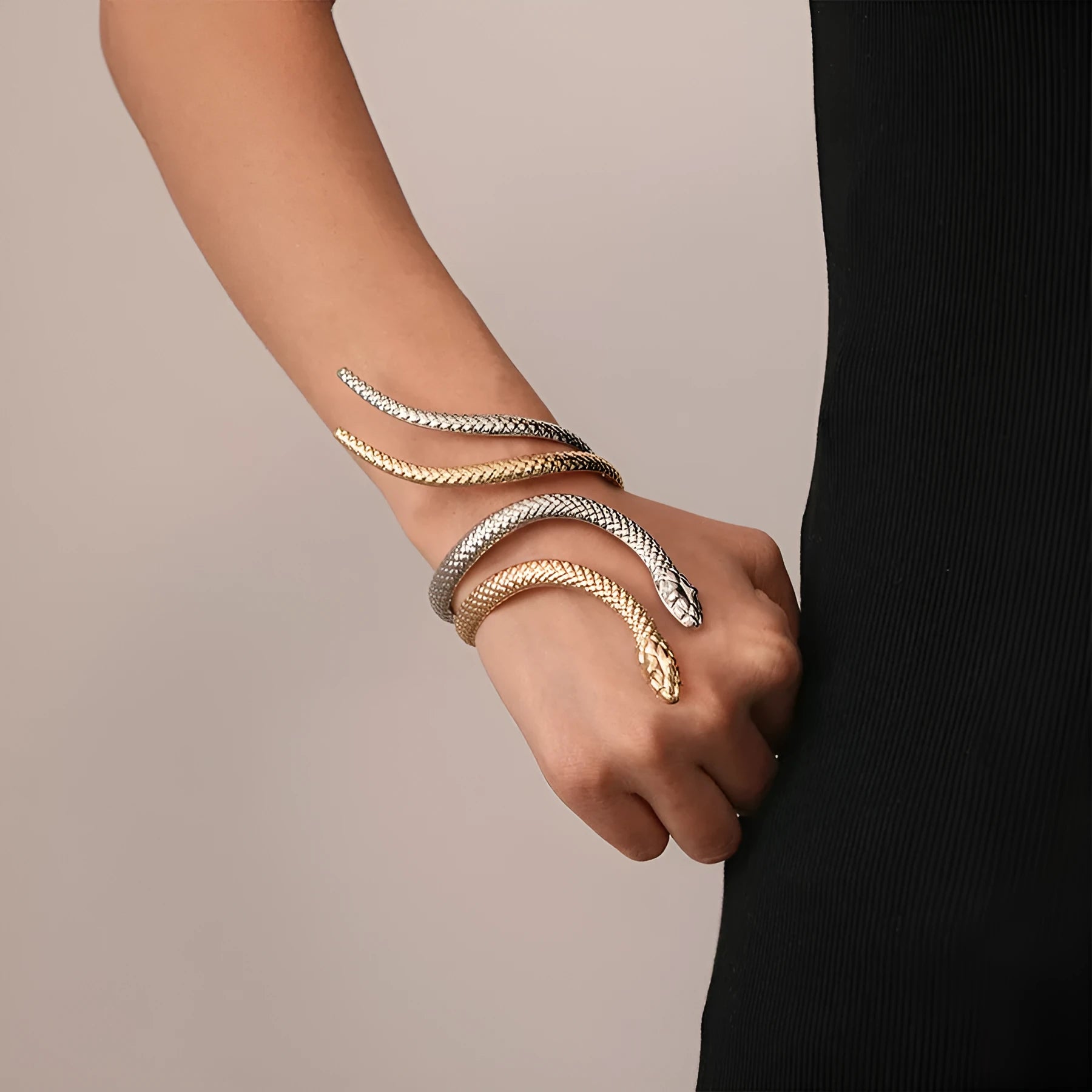 Twisted snake design ring and bracelet set in electroplated gold or silver metal