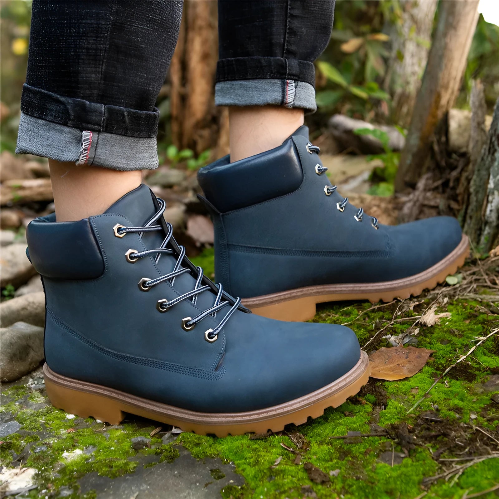 Men's pink Martin boots with velvet lining showing round toe and front lace-up design