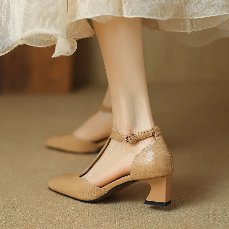 Red women's square toe chunky heel shoes with buckle, made from sheepskin leather.