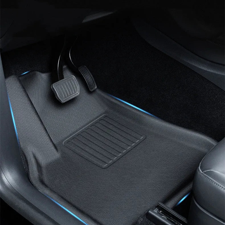 TPR material floor mat set for Tesla Model Y showing foot mats, tailbox mats, and storage box mats.