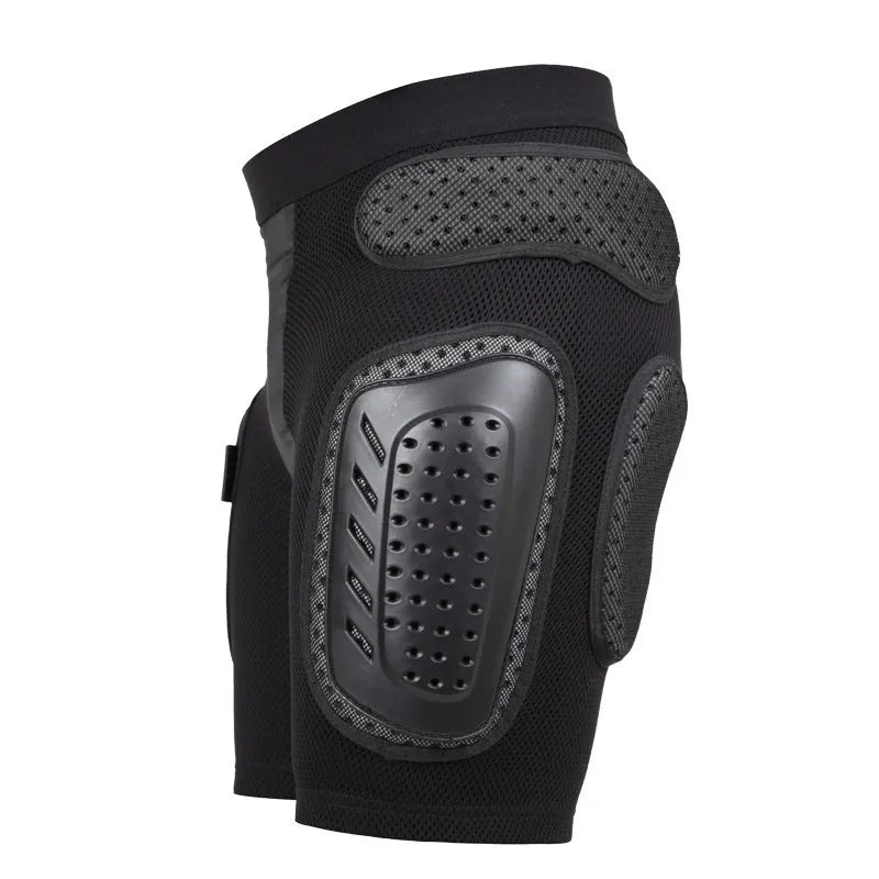 Black cycling trousers with integrated protective hip padding, shown in size L.