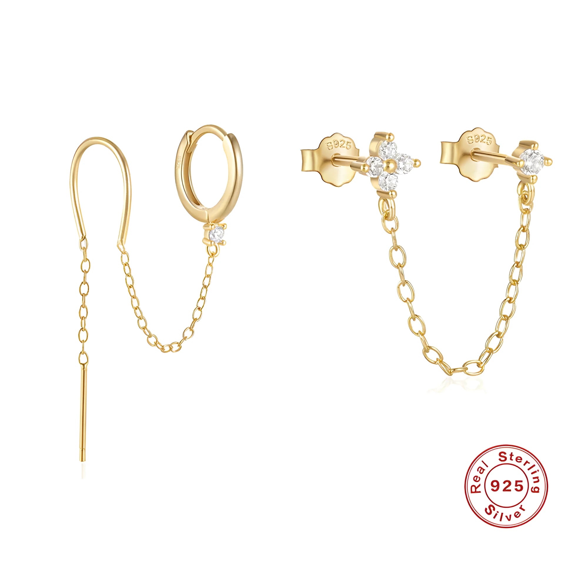 S925 sterling silver geometric ear studs with diamond flower, tassel, and chain design in electroplated gold.