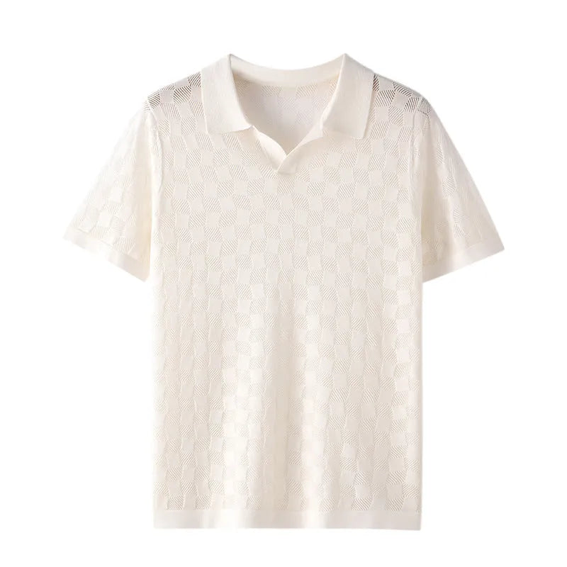 Men's short sleeve lapel sweater in mulberry silk, shown in a solid colour with Jacquard texture detail.