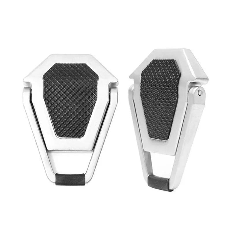Compact foldable aluminium laptop stand bracket in silver and white with 3M adhesive pads