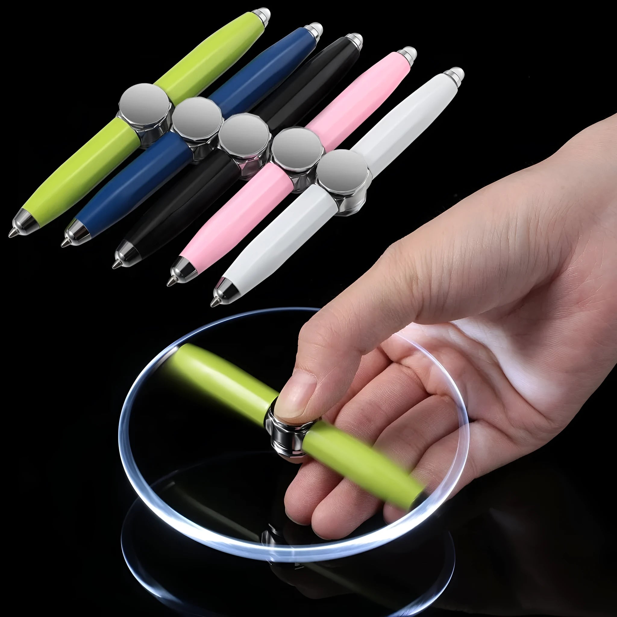 Creative multi-function LED pen spinning decompression gyro metal ballpoint pen with spinner top