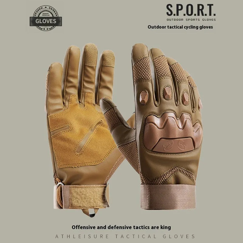 Men's black tactical full finger gloves with touch screen fingertips on a hand