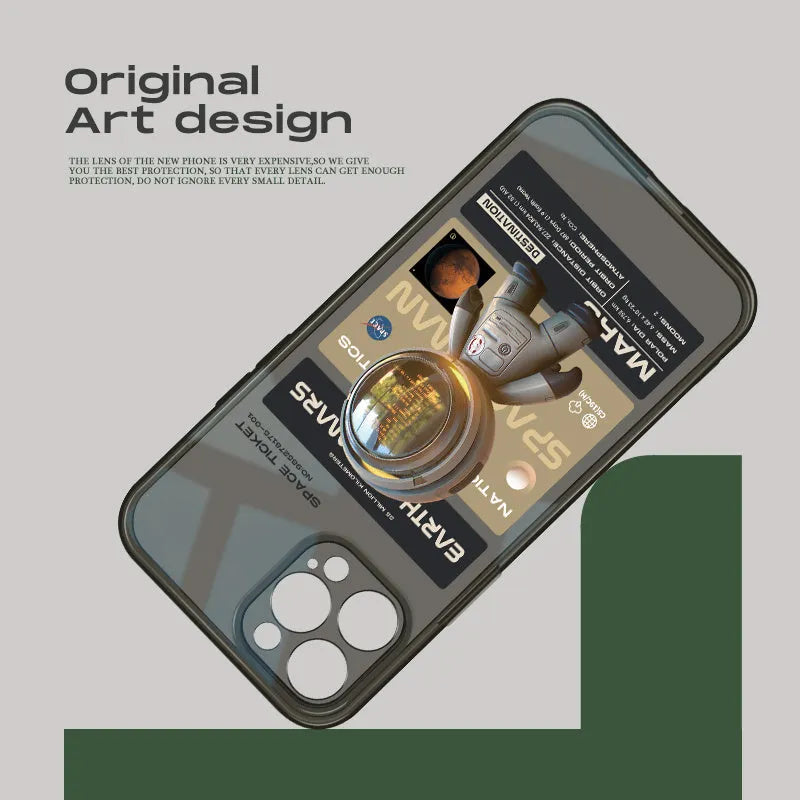Black TPU anti-drop soft case for iPhone, showing front and back views with Mars Ticket graphic design.