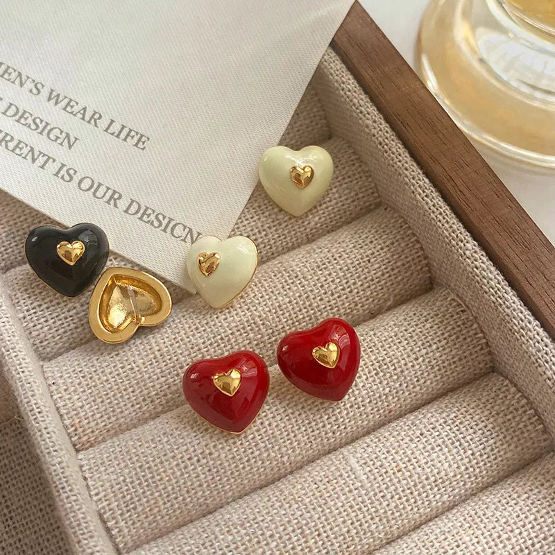 Vintage red heart-shaped copper earrings with oil dripping finish and 925 silver needle post