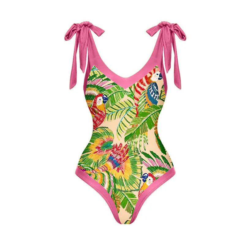 Retro pink floral print women's one-piece swimsuit with a V-neck, covered belly, and thin skirt.