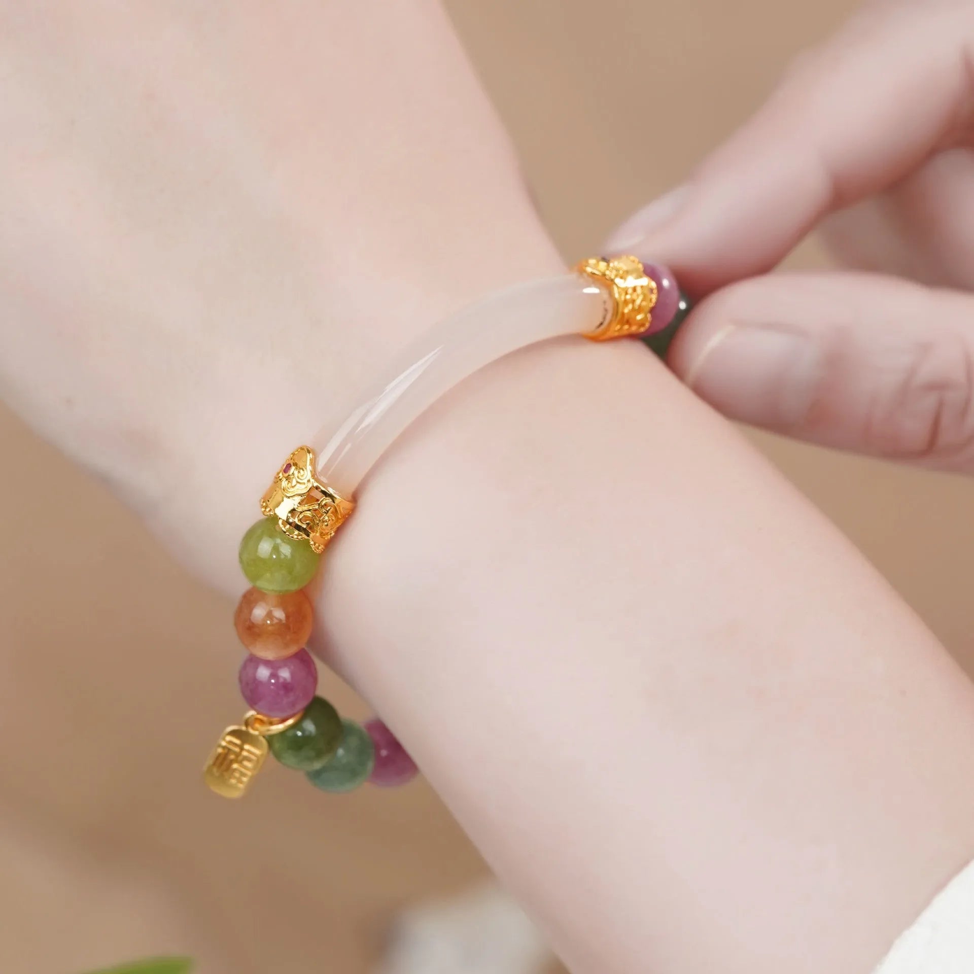 Rainbow colour tourmaline half bracelet for women with electroplated finish