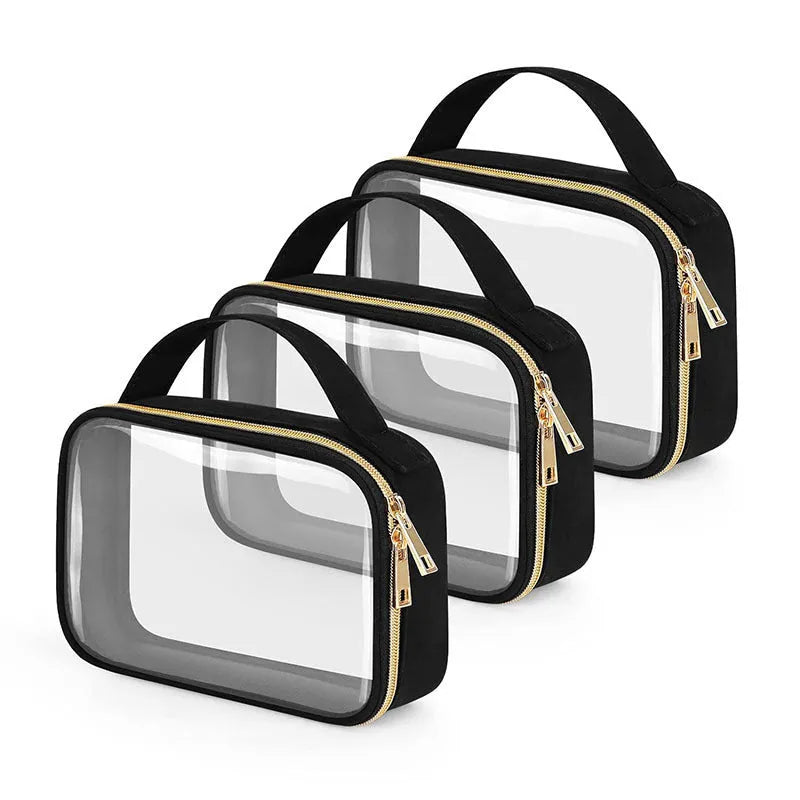 Transparent PVC cosmetic wash bag with chain handle showing lipstick storage