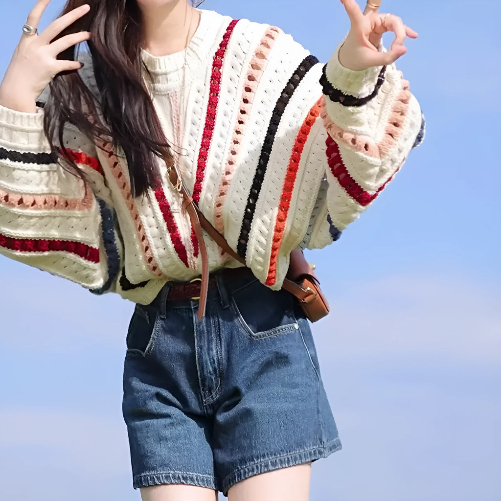 Retro rainbow stripe hollow knit sweater with batwing sleeves in Japanese Korean casual style