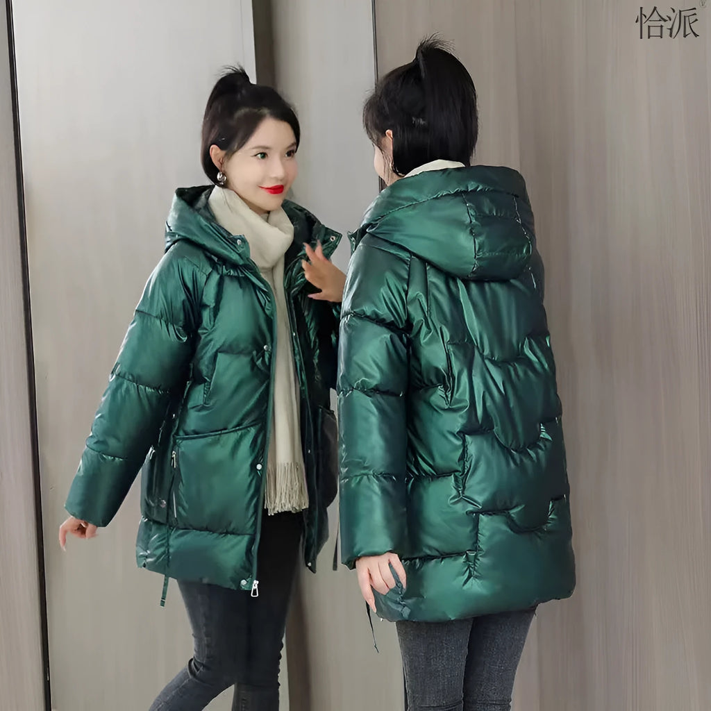 Women's loose thick hooded winter jacket in down cotton fabric available in four colours