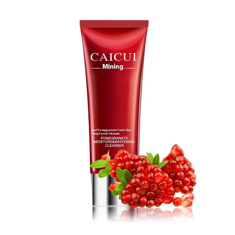 Pomegranate skincare set with four products: face wash, toner, lotion and facial cream in red packaging