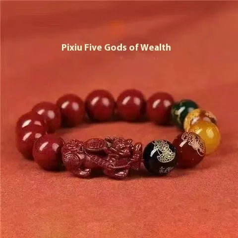 Five Gods of Wealth cinnabar bracelet with natural stone beads and animal carvings