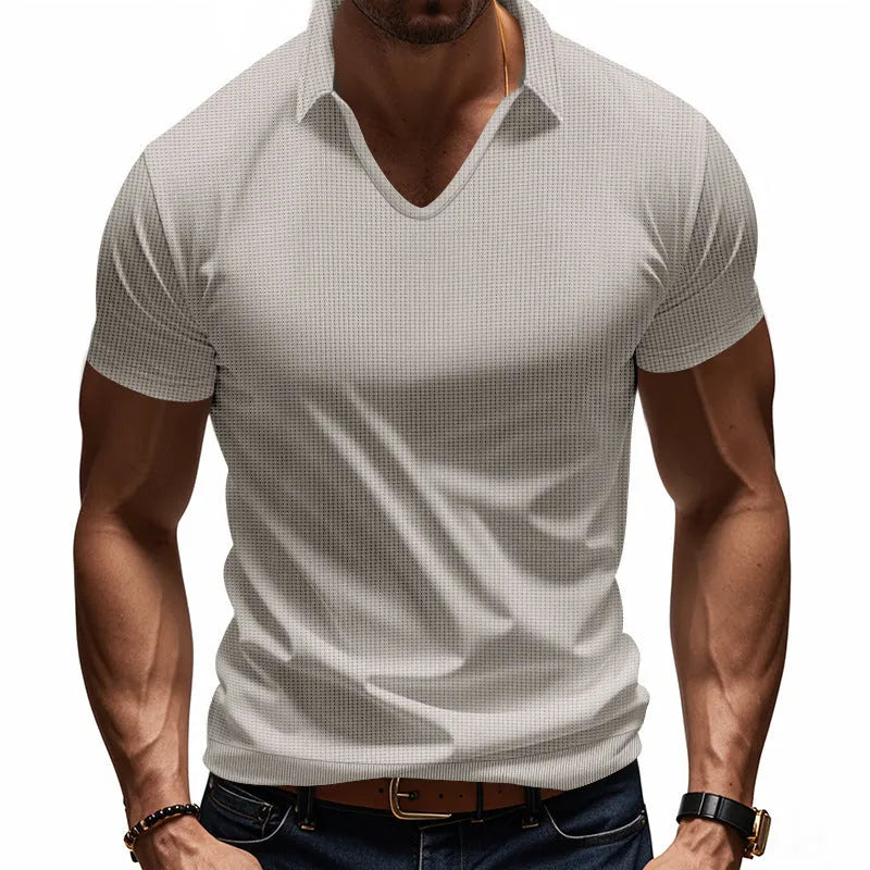 Men's casual V-neck short sleeve top in cotton blend fabric showing loose fit and solid colour options