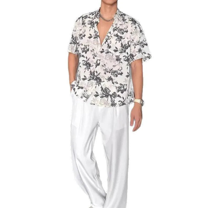 Men's loose fit printed floral casual shirt in black or white with short sleeves