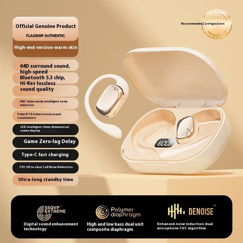 Ear-mounted wireless headphones with digital display screen in black, skin colour, or white