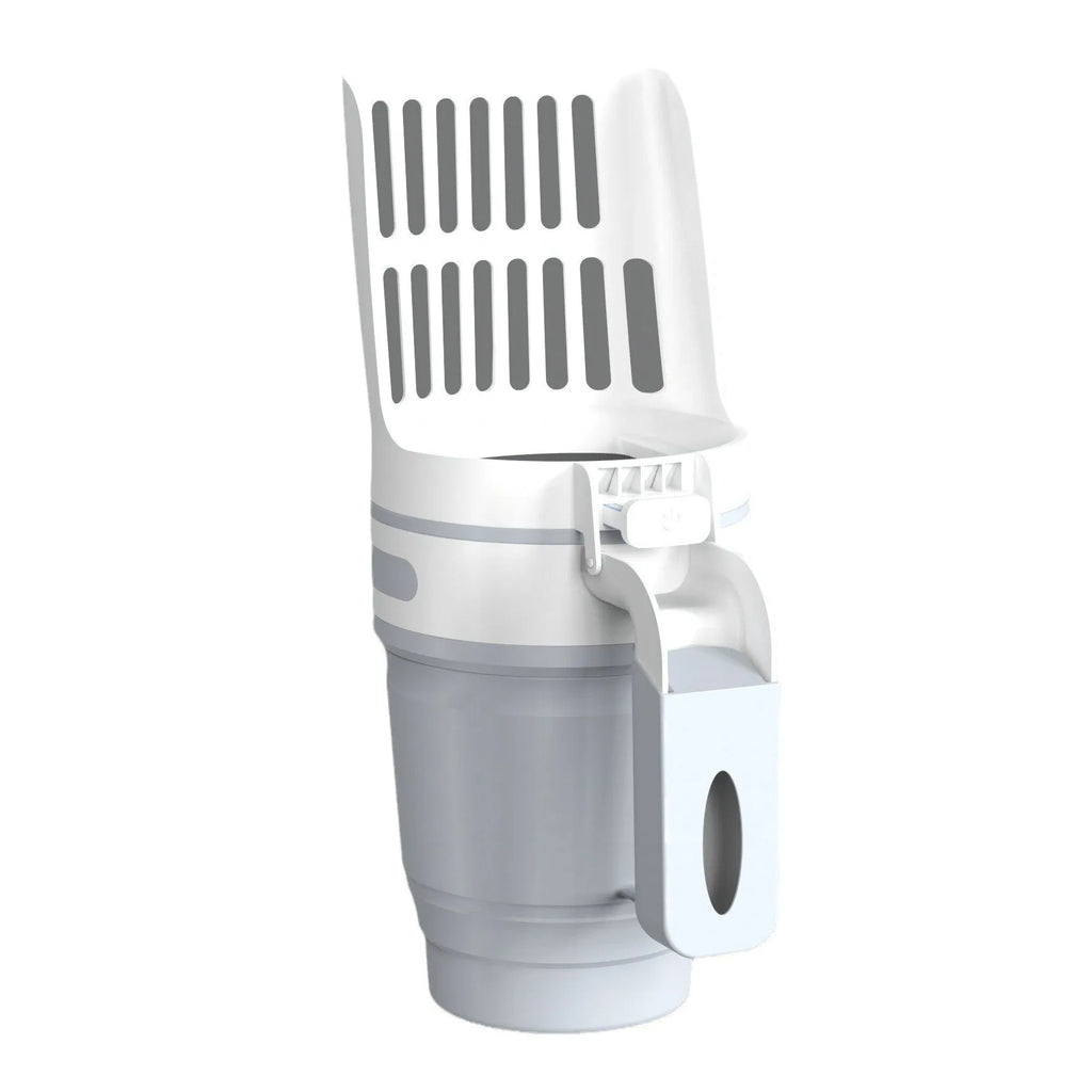 Grey, blue, and green self-cleaning cat litter scoop with attached waste collection bin in folded and unfolded positions