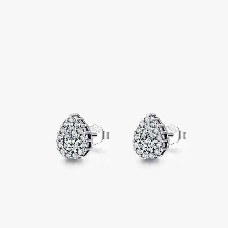 Women's silver water drop ear studs made from 925 sterling silver with diamond treatment