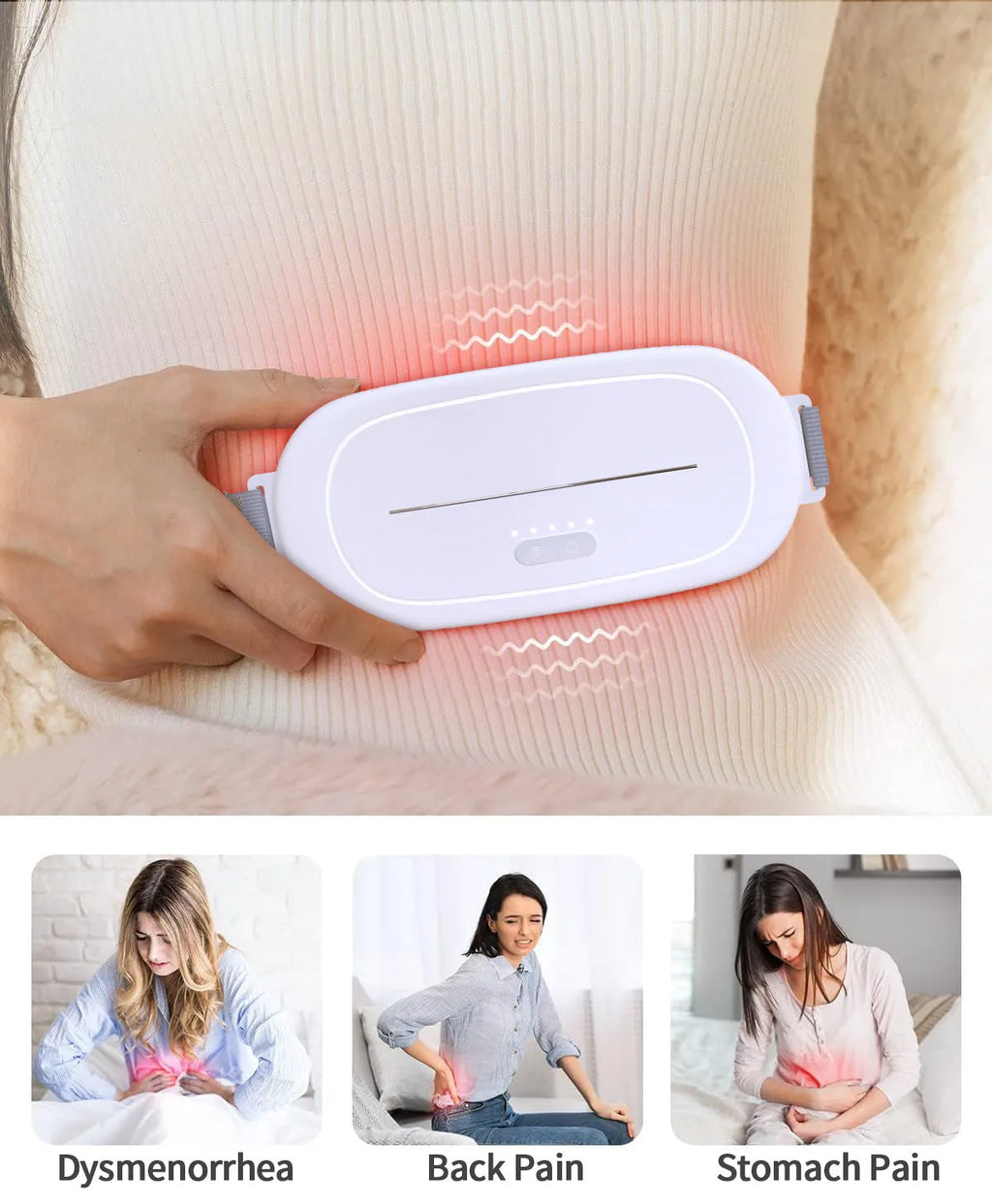 White uterine warming device with adjustable controller and fastening strap.