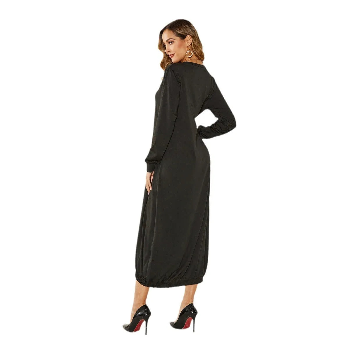 Black lantern dress with lace-up crew neck and loose casual fit