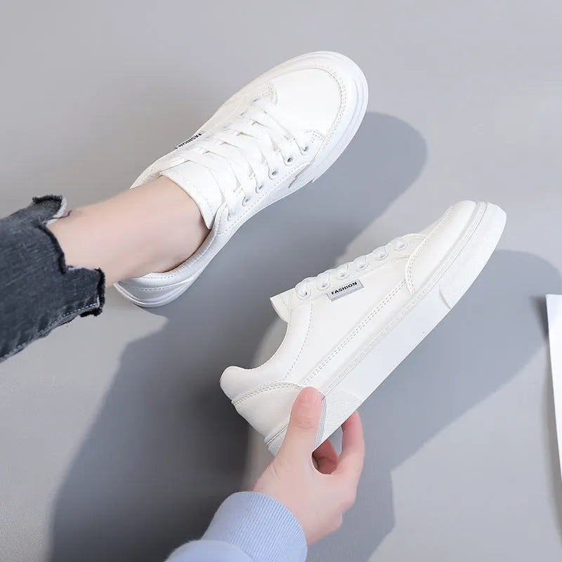 Korean-style white and brown low-top sneakers with artificial PU uppers and plastic soles