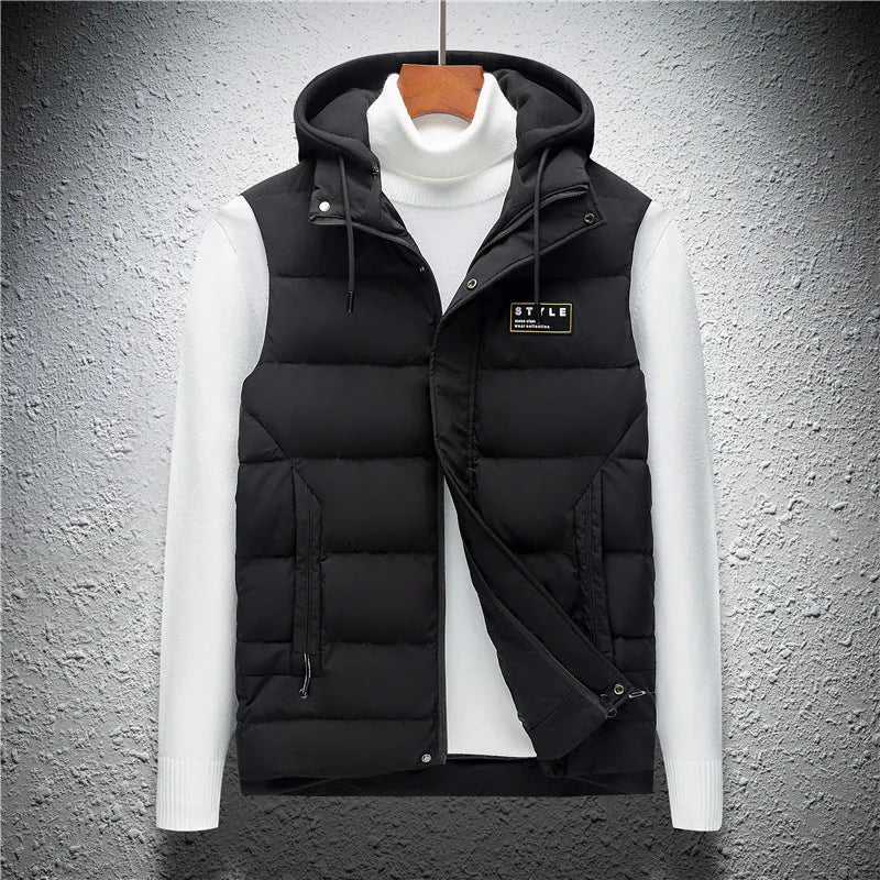 Men's high-waist down jacket vest in black acrylic fabric, front view showing waistcoat design.