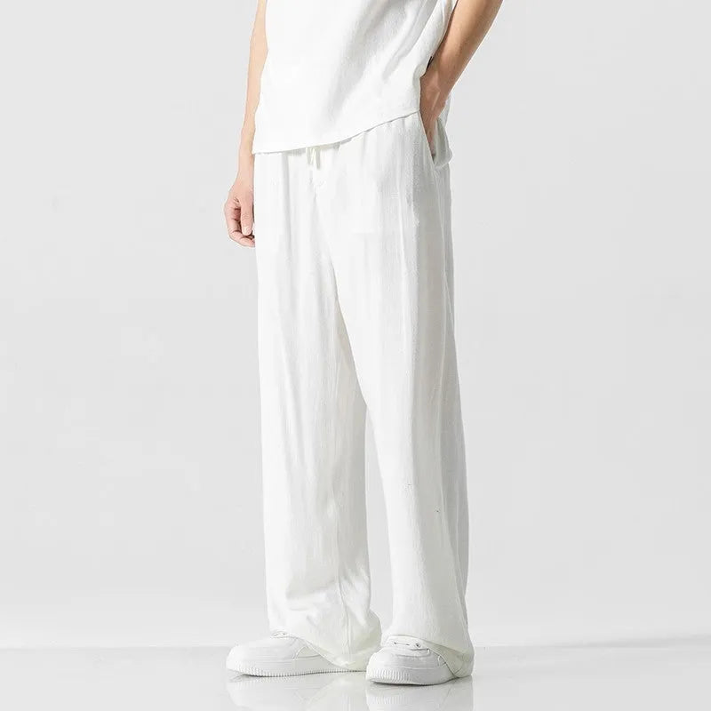 Men's bamboo linen straight-leg trousers in cropped length with drawstring waist