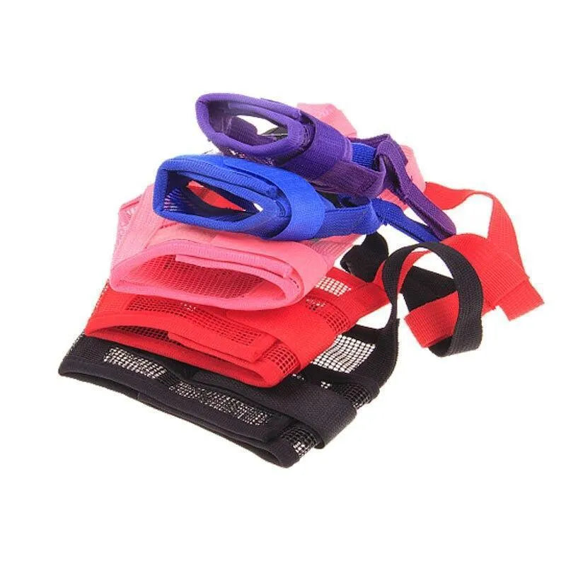 Adjustable plastic dog muzzle in multiple colours and sizes for biting and barking control.