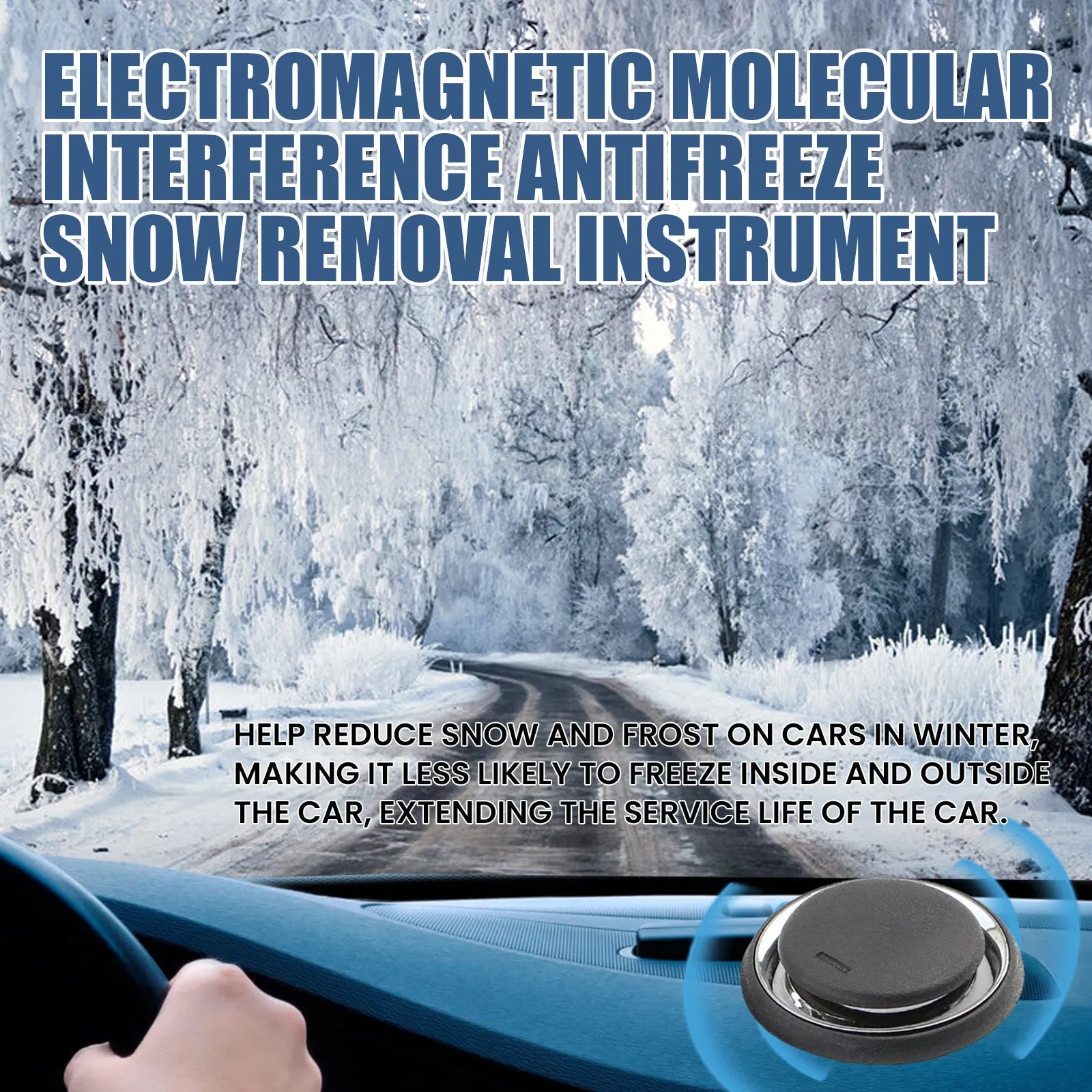 Compact black portable car deicing instrument for melting ice and snow on windscreens.