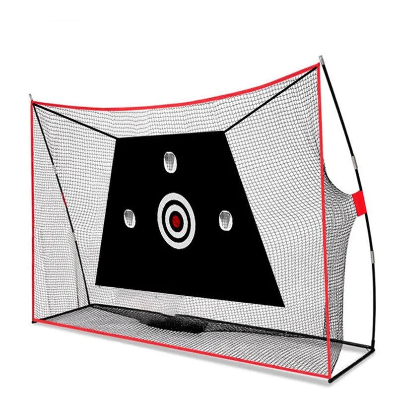 Golf swing wedge training net with 3-hole target, straw mat, practice balls and accessories