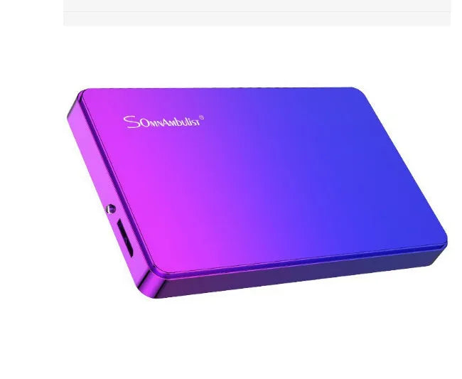 Purple plastic external hard disk with USB cable and leather bag packaging