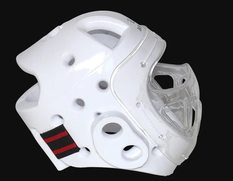 Karate helmet protective equipment in white, blue and red colours with multiple size options