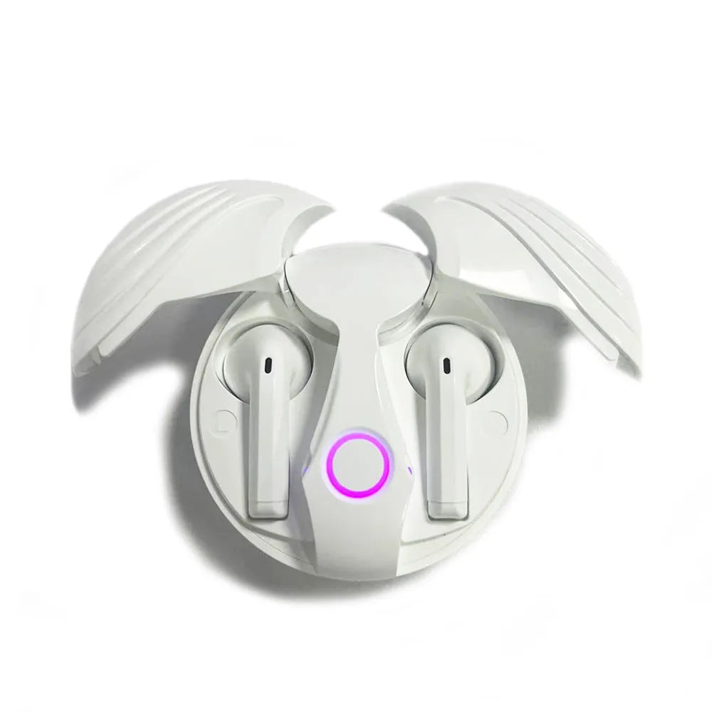 Gaming TWS true wireless earbuds with noise cancelling, 8-hour battery, charging compartment, and secure Angel Wings fit in black