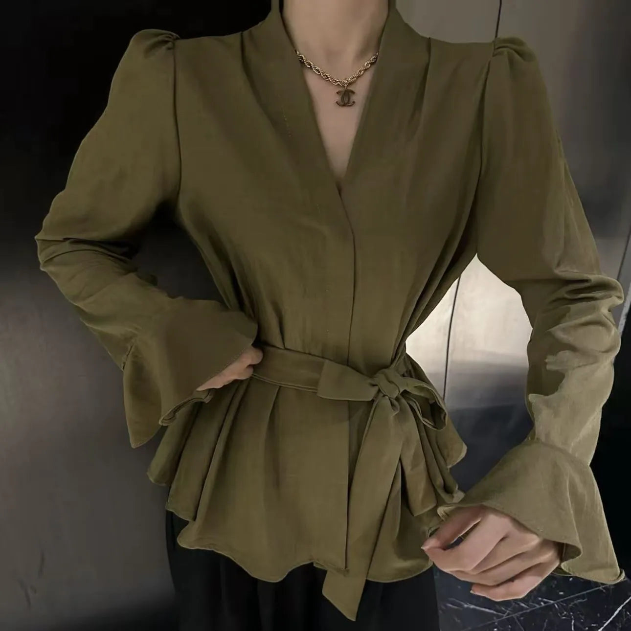 Women's French-style irregular collar long sleeve tied shirt with bell sleeves in black colour