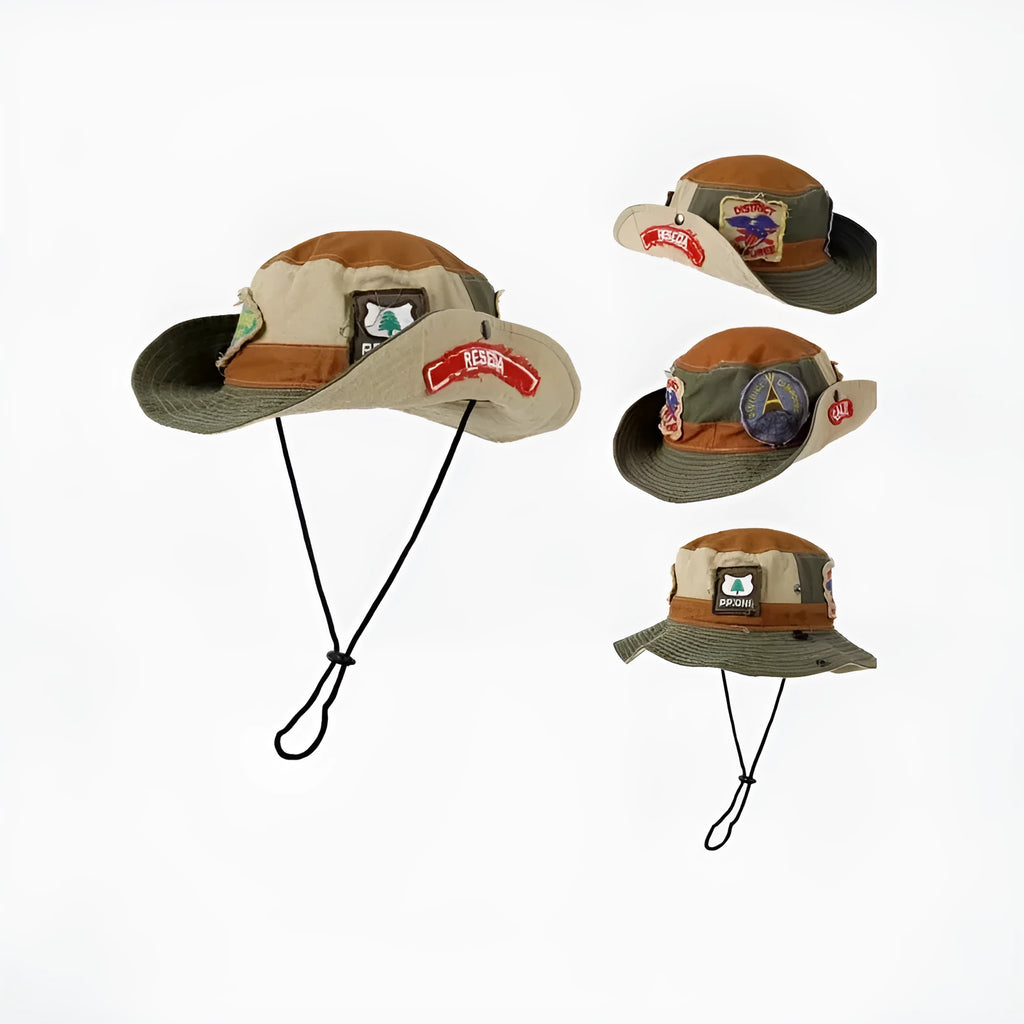 Army green women's foldable cotton fisherman hat with retro patchwork design and flat crown.