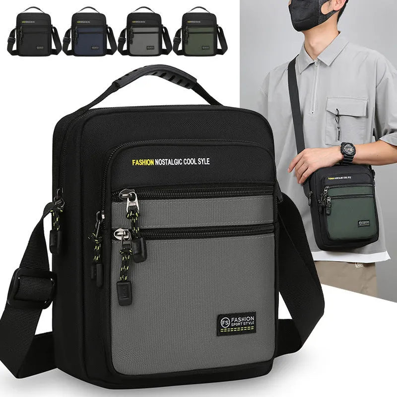 Men's waterproof nylon crossbody bag in green colour with shoulder strap and storage compartments