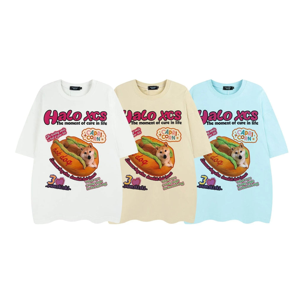 Cartoon hamburger dog printed cotton t-shirt in loose style with round neck collar