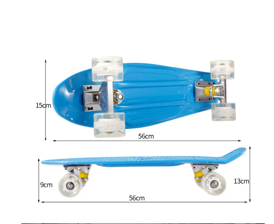 Four-wheel skateboard with blue PP deck, magnesium aluminium trucks, and flashing PU wheels on white background