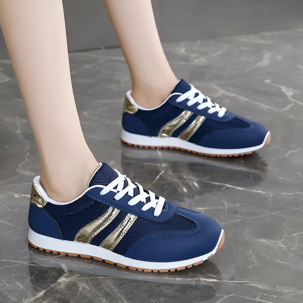 Blue women's artificial leather sports shoes with cross straps and non-slip rubber sole