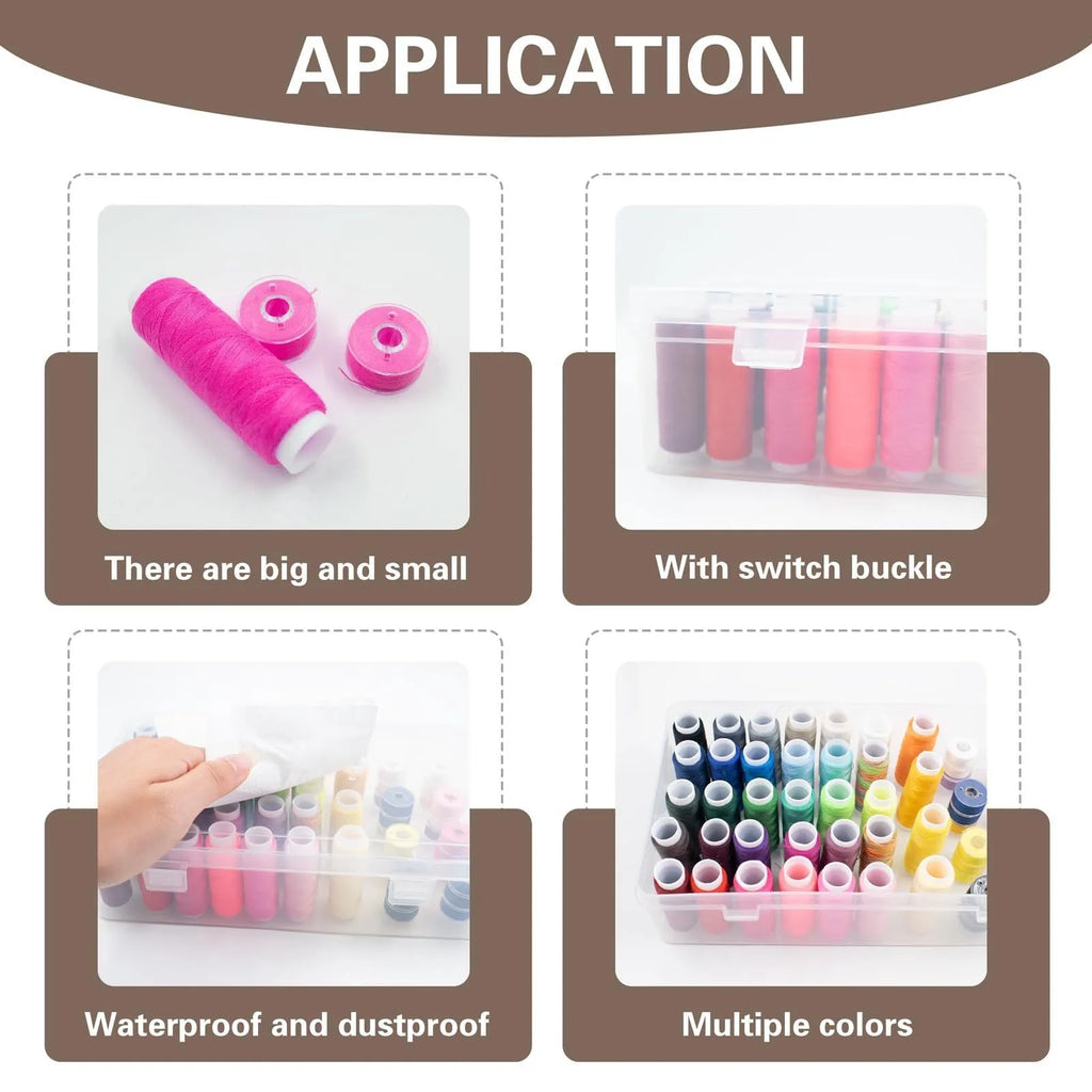 Plastic storage box with 42 small compartments for sewing threads and craft supplies.