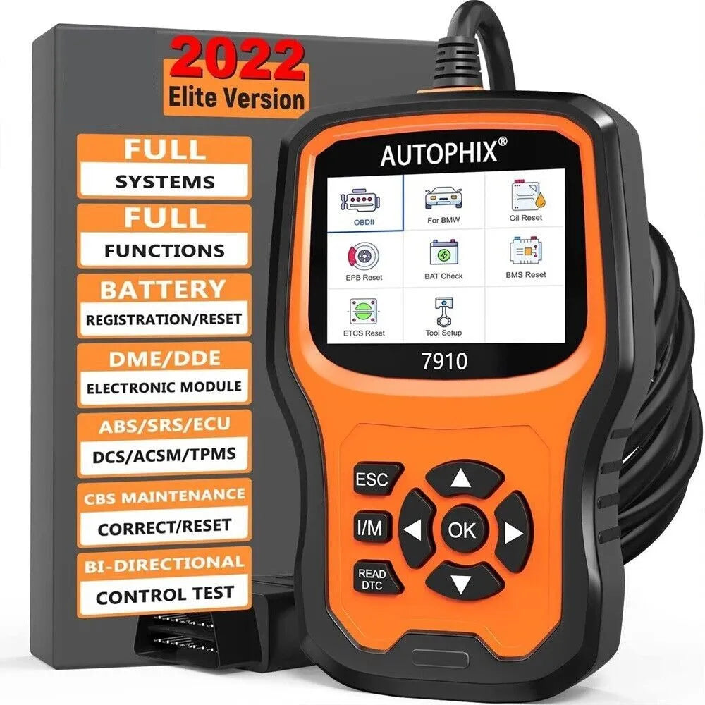 Autophix 7910 automotive diagnostic scanner for BMW vehicles with OBD2 connector
