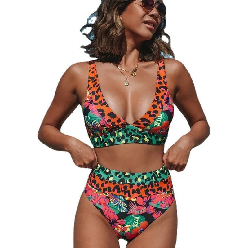 Women's high waist floral print bikini swimwear set for swimming