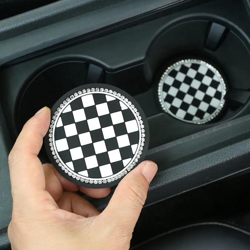 PVC plastic non-slip car cup holder mat coaster in checkerboard and camellia patterns
