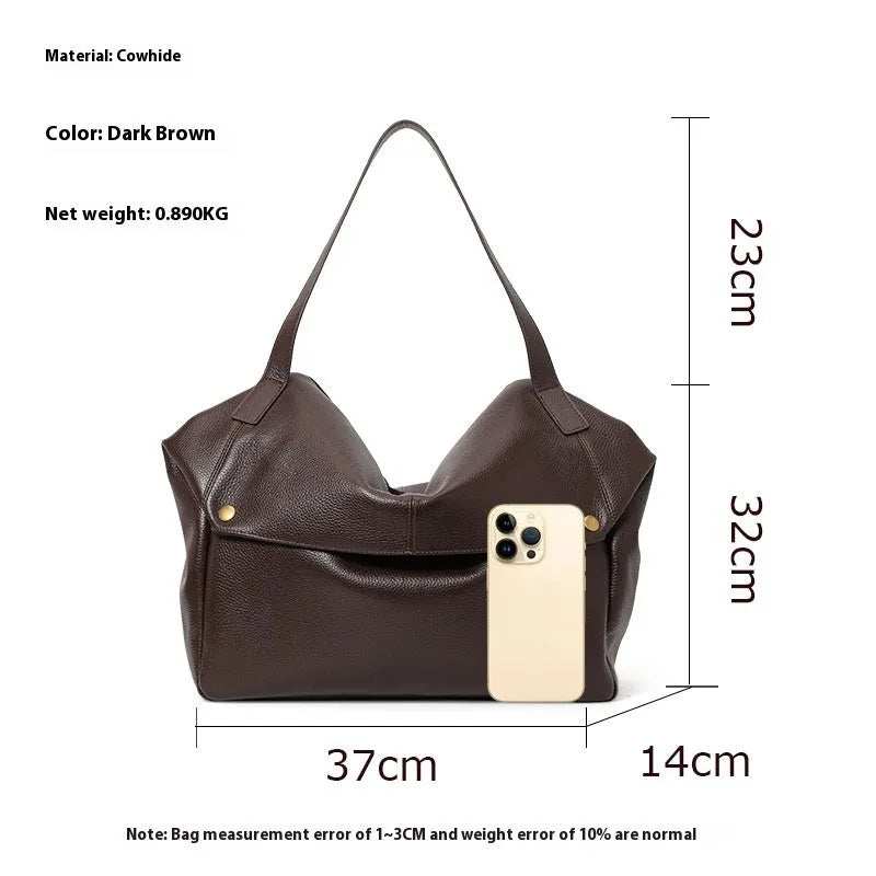 Brown genuine leather women's commuter shoulder bag with horizontal square shape