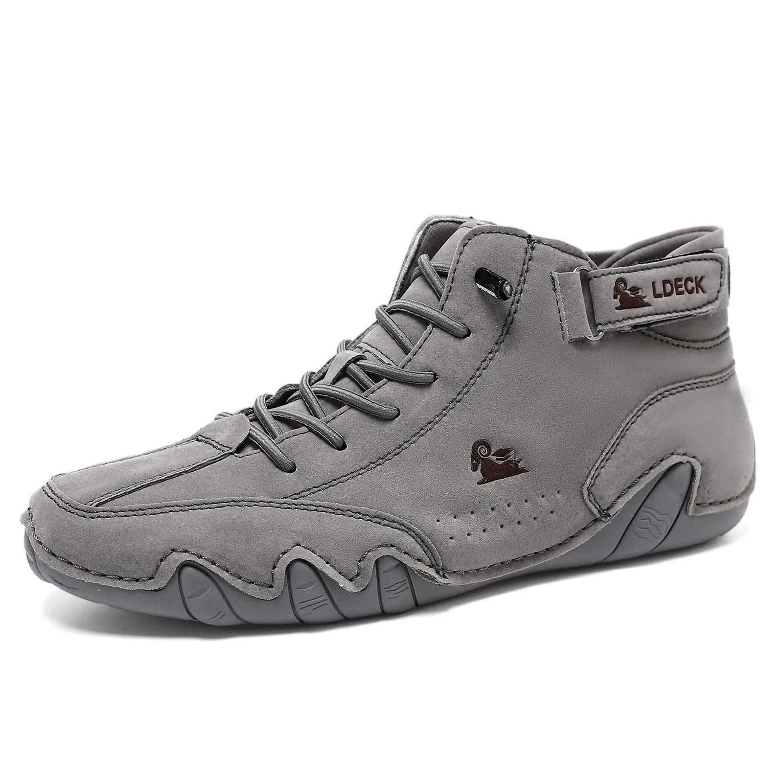 Men's khaki high-top octopus casual shoes with a microfiber upper and rubber sole.