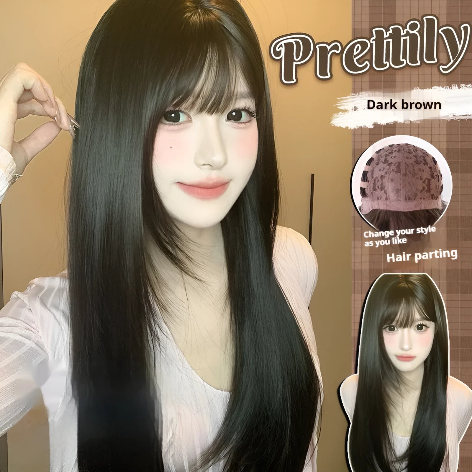 Dark brown long straight full-head wig with fringe made from high temperature synthetic fibre