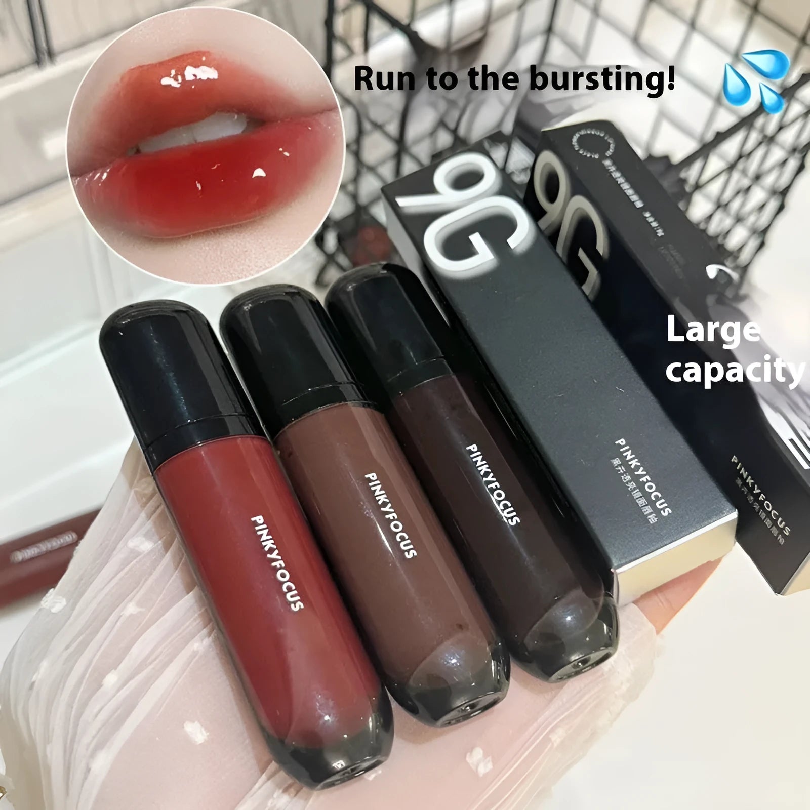 Black Shiny Mirror Lip Lacquer tube showing glossy finish with six shade options displayed